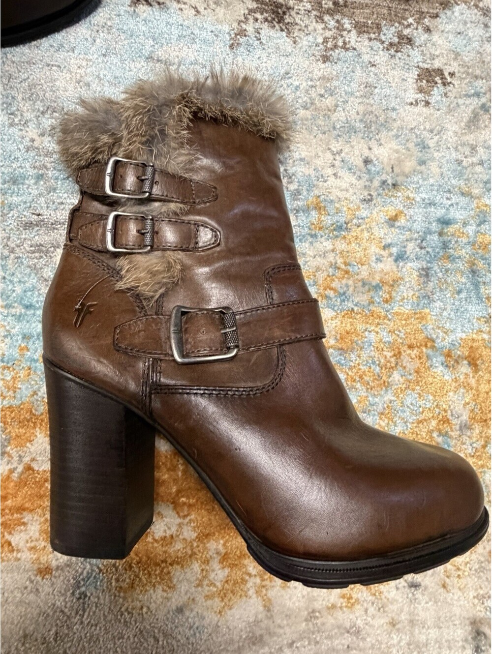FRYE Cognac Leather and Rabbit Fur Ankle Bootie Women’s Size 9M